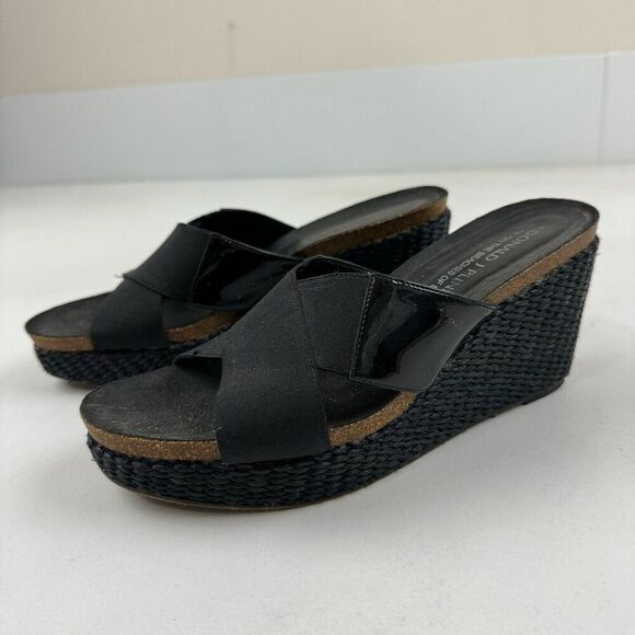 Donald J. Pliner Bosna Size 7.5M Black Cross Strap Wedge Slide Sandals 3” Wedge - Picture 2 of 10